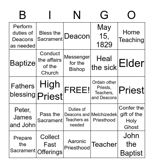 Priesthood Bingo Card