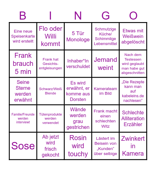 Rosins Restaurant Bingo Card