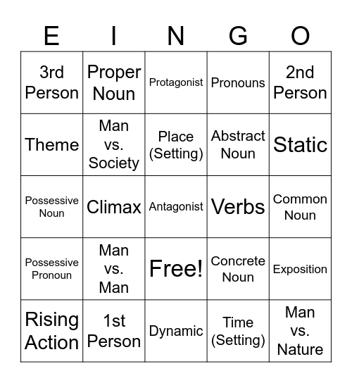Grammar and Literary Elements Bingo Card