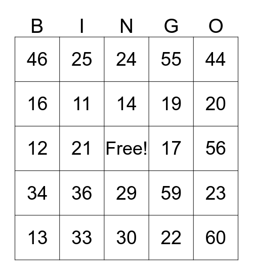 Numbers 10-60 Bingo Card