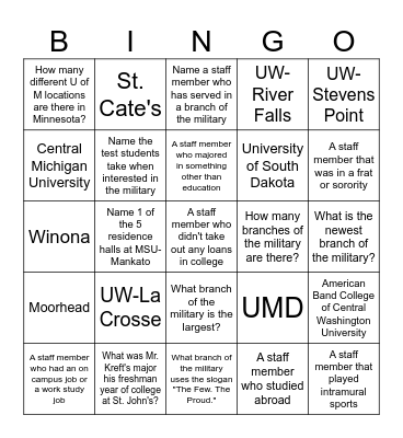 College Knowledge Month Bingo Card