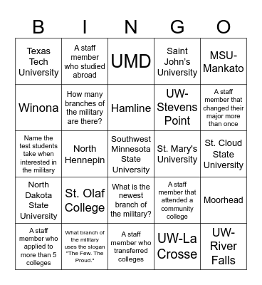 College Knowledge Month Bingo Card