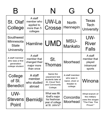 College Knowledge Month Bingo Card