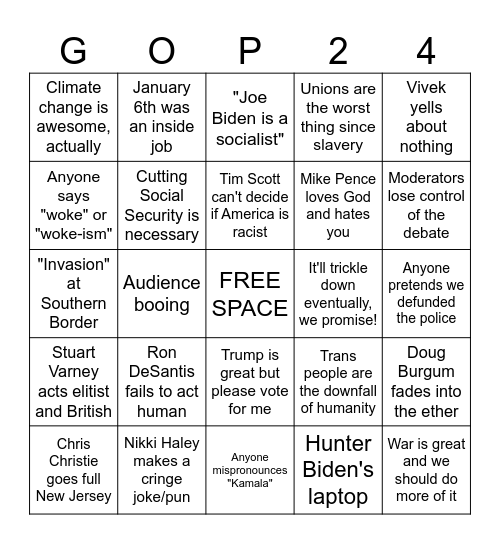 2024 GOP Presidential Debate Bingo Card