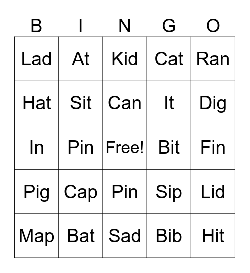 Short a and I Bingo Card