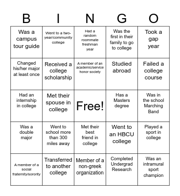 Seminole High School Staff College Bingo Card