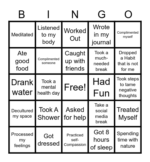 Self -Care Bingo Card