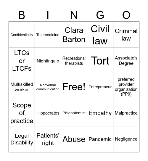 Principles of Healthcare  Vocab chap 1-5 Bingo Card