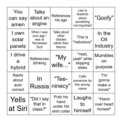 Chester's Bingo Card