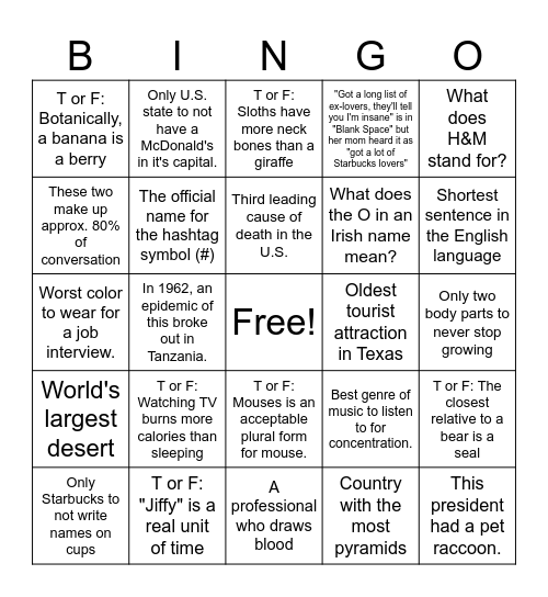 Trivia Bingo Card