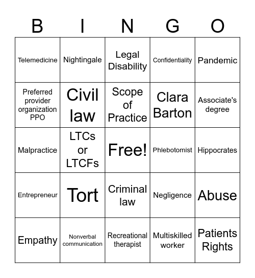 Principles of Healthcare vocab Bingo Card