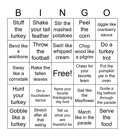 Thanksgiving Movement Bingo Card