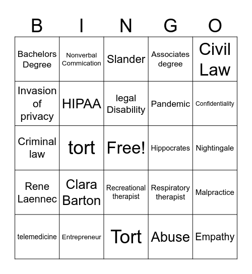 Principles of Healthcare vocab Bingo Card