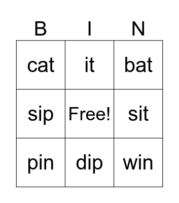 Phonics - Short "i" Bingo Card