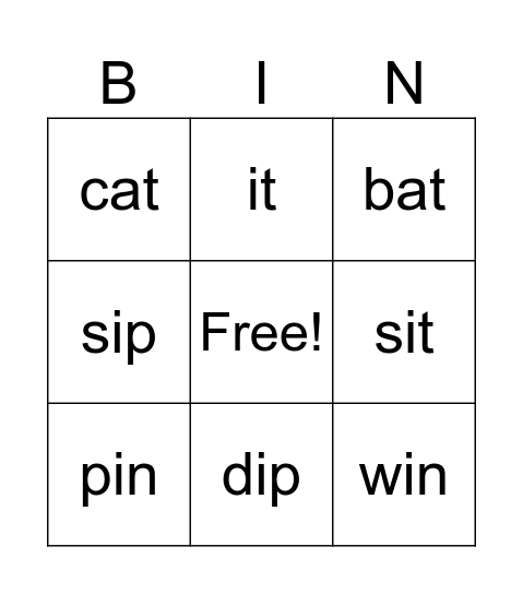 Phonics - Short "i" Bingo Card