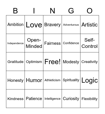 Self-Esteem Bingo Card