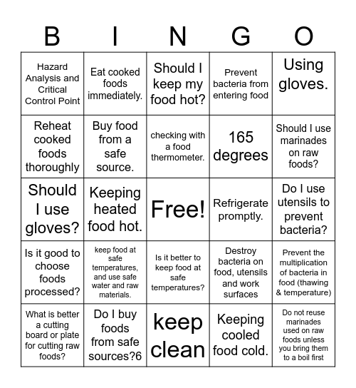 Front of food Safety (answers) Bingo Card