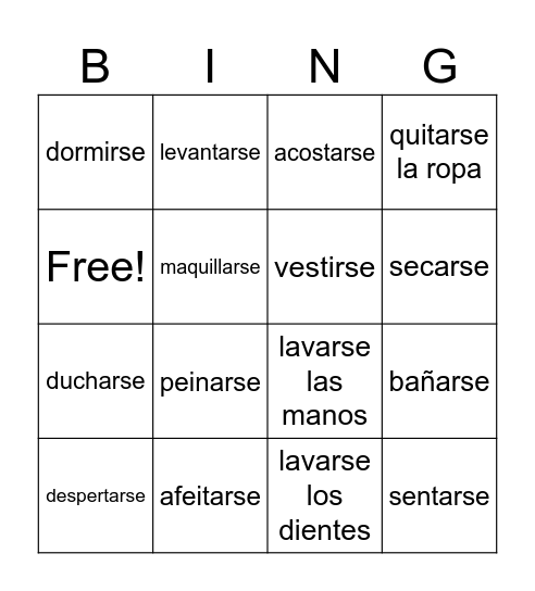 Reflexive Verb Vocabulary Bingo Card