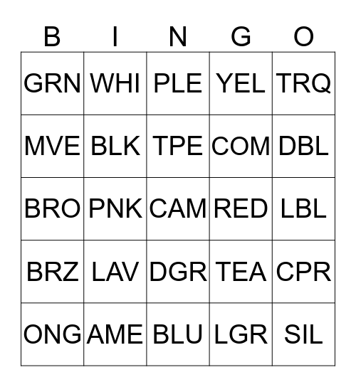 Color Code Bingo Card