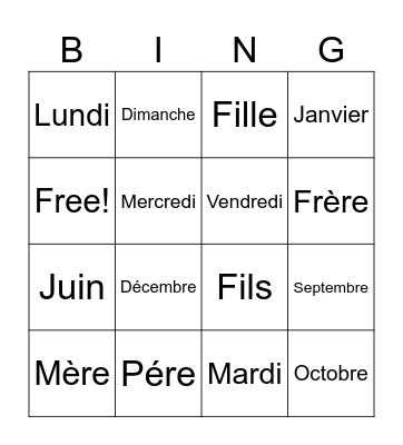 Vocabulaire Bingo Card