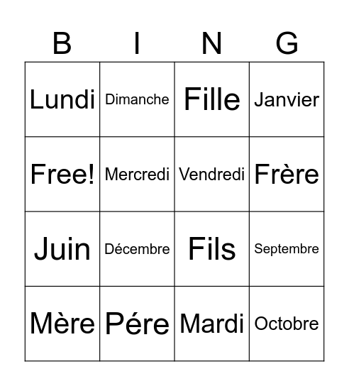 Vocabulaire Bingo Card