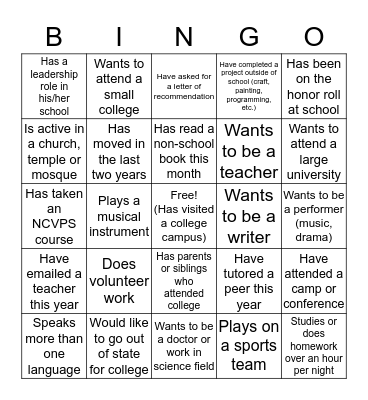 College Knowledge Bingo Card