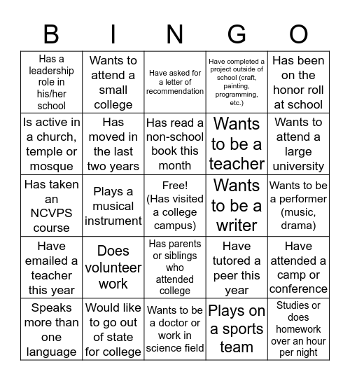 College Knowledge Bingo Card