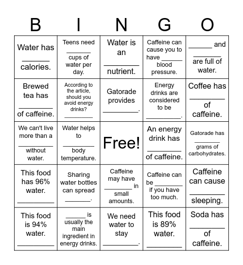 Hydration/Energy Drinks Bingo Card