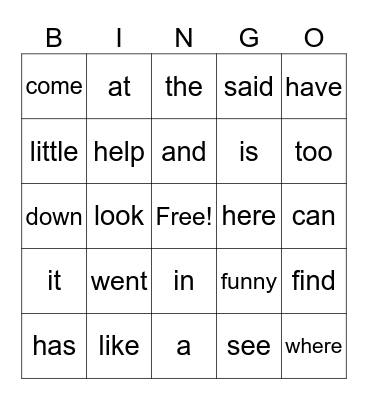 Sight word bingo Card