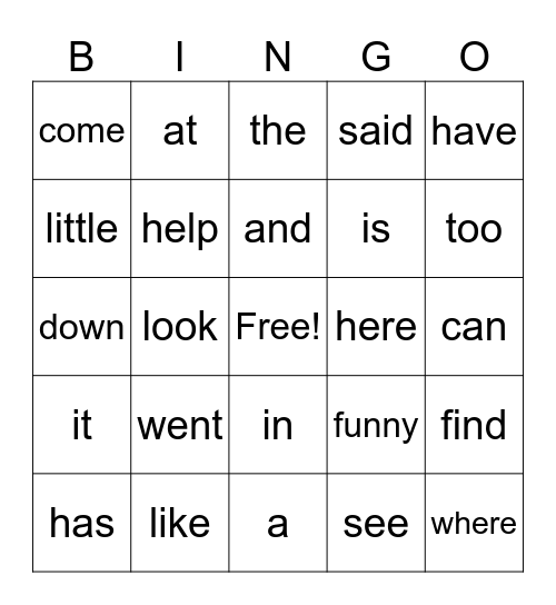 Sight word bingo Card