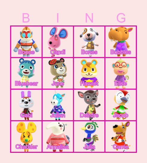 Animal Crossing Villagers deel 1 Bingo Card
