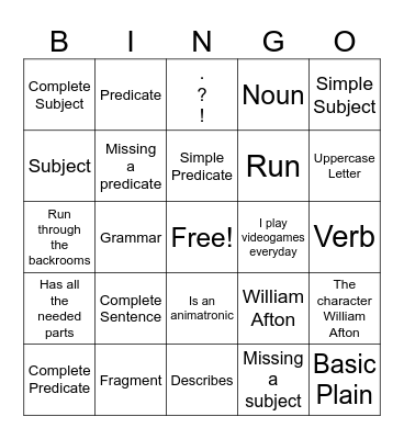 Sentence or Fragment Bingo Card