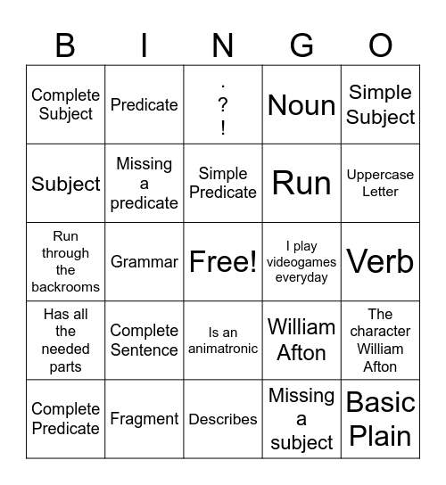 Sentence or Fragment Bingo Card