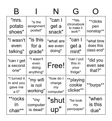 8th Grade Bingo Card