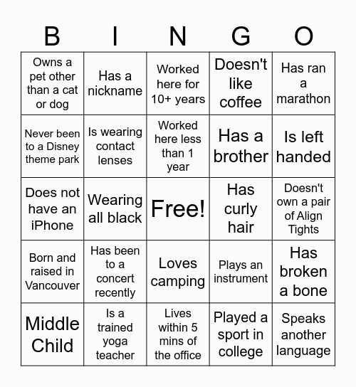 Co-Worker Bingo Card