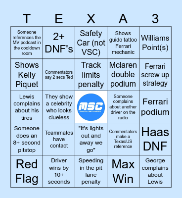 Austin GP 2023 Predictions Bingo Card
