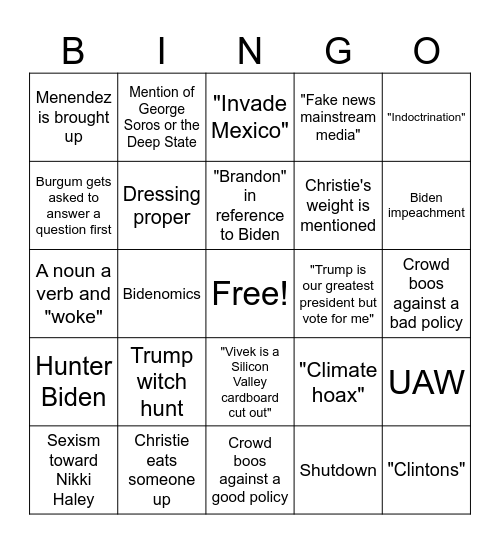 Second GOP Debate Bingo Card