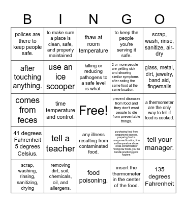 kitchen safety Bingo Card