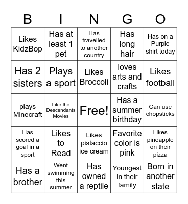 All About Me Bingo Card