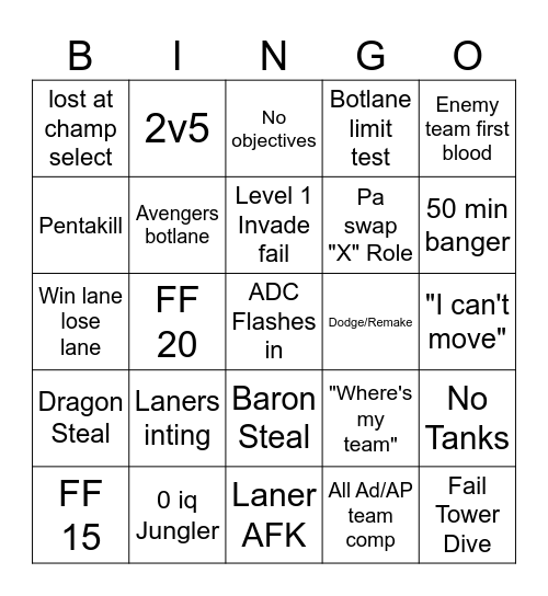 Solo/Duo Bingo Card