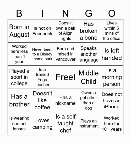 Co-Worker Bingo Card