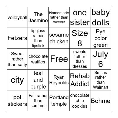 Bridal Bingo Card