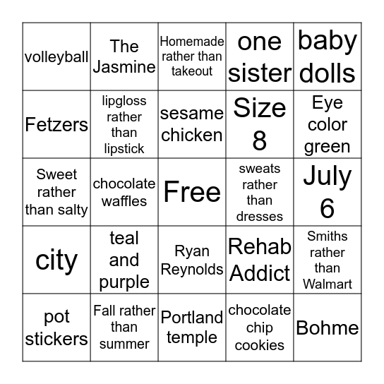 Bridal Bingo Card