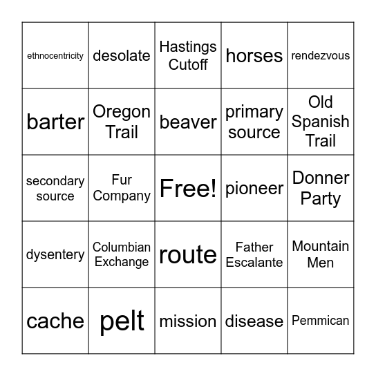 Unit 3: Explorers and Mountain Men Bingo Card