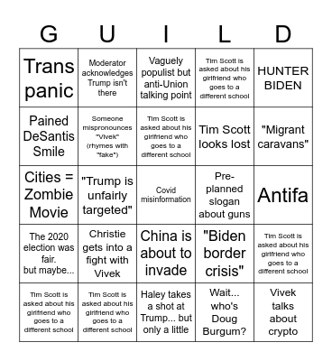 Republican Debate Bingo Card