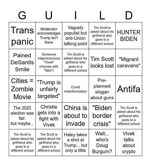 Republican Debate Bingo Card