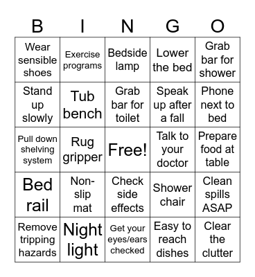 Fall Prevention Bingo Card