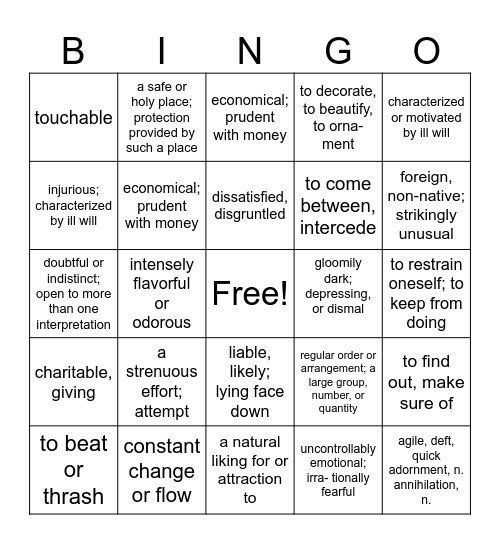 List 1 Bingo Card