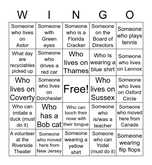 Woodfield Bingo Card