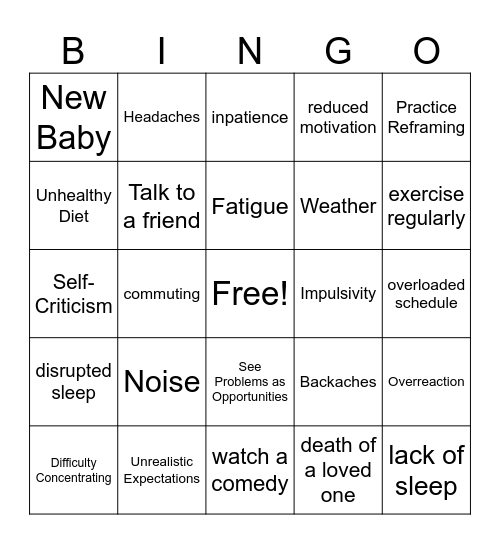 Stress Bingo Card